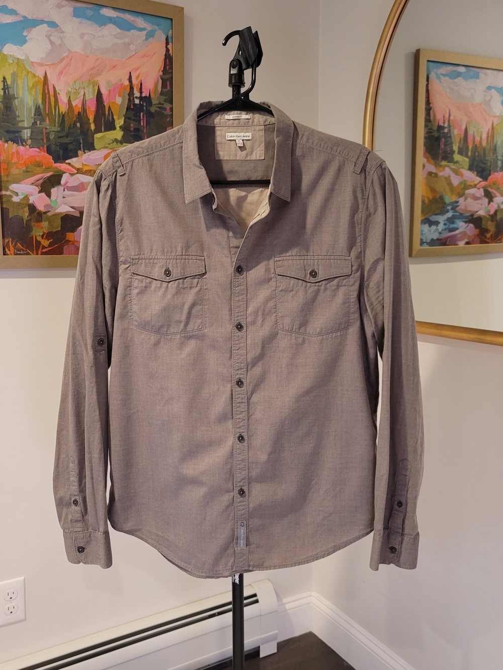 CALVIN KLEIN JEANS Modern Fit Cotton Long Sleeve Button Down Shirt Taupe XL
